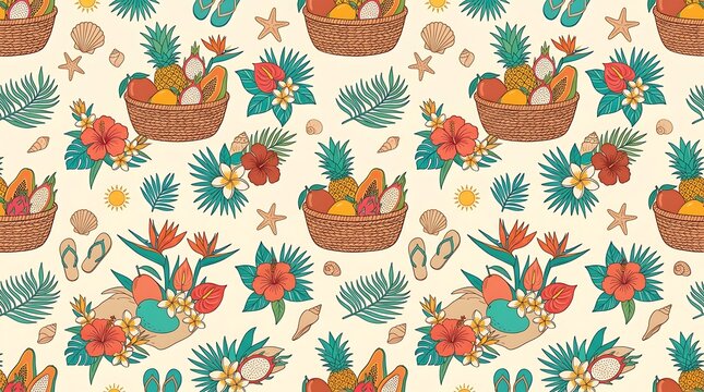 Seamless tropical pattern with exotic fruits and flowers in baskets