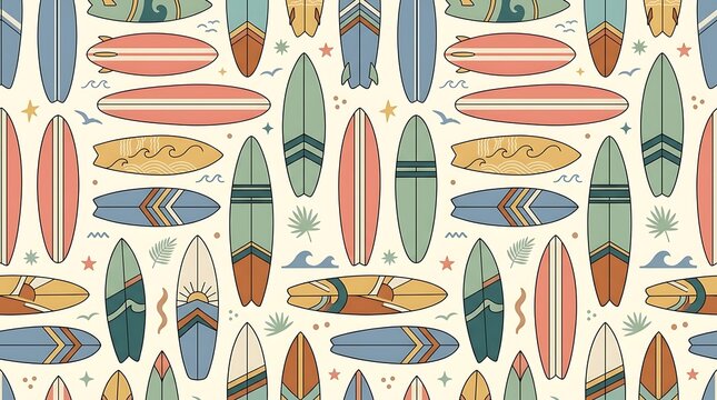 Retro surfboards seamless pattern with colorful beach elements