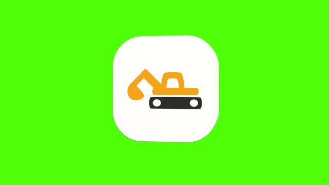 3D animated construction digger excavator machinery icon on a white rounded card with a green screen background. Smooth loop motion, perfect for mobile app UI, earthmoving site, building work, and vid