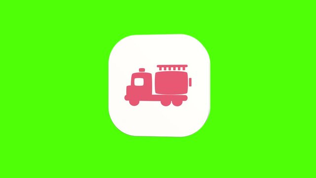 3D animated emergency rescue fire truck engine icon on a white rounded card with a green screen background. Smooth loop motion, perfect for mobile app UI, firefighter service, safety, and video editin