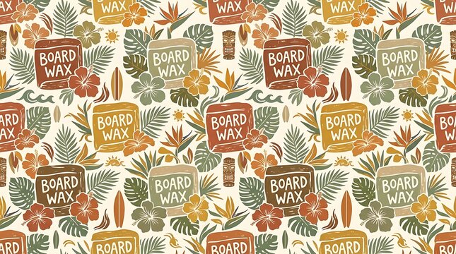 Vintage tropical surfing pattern with board wax and hibiscus flowers