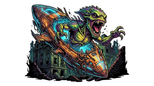 Monstrous alien emerging from a spaceship over a ruined city