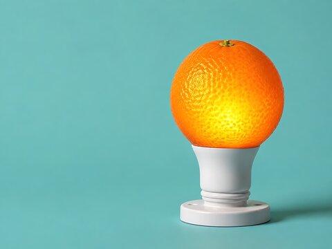 A bright orange fruit shaped like a light bulb with a white base glowing against a solid light blue background, representing energy and ideas