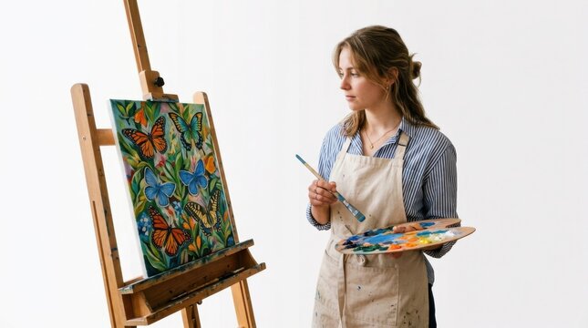 Young female artist holding a paint palette and brush standing next to an easel with a painting