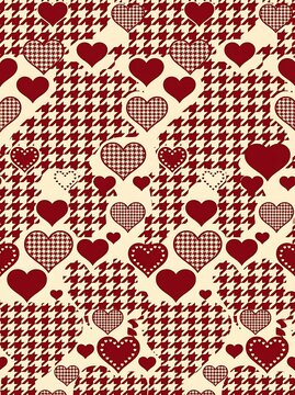Red houndstooth pattern with romantic heart shapes on cream background