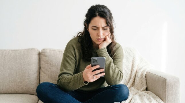 Young woman sitting on a couch looking at her smartphone with a thoughtful expression