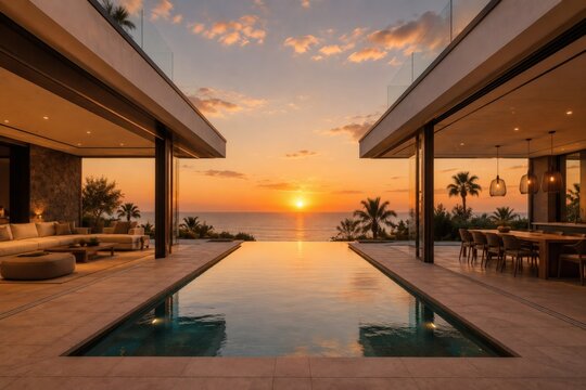 Luxury Villa Infinity Pool Overlooking the Ocean at Sunset