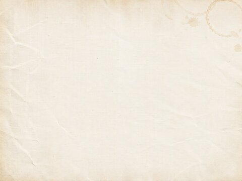 A light beige crumpled paper background, with a faint, circular coffee ring, stain in the, corner showing a, worn and aged, document texture effect