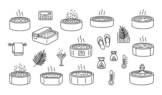 Hot Tub and Spa Wellness Line Icon Set with Jacuzzi Tub Thermometer Massage Towel and Relaxation Elements for Luxury Resort Designs