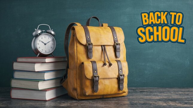 Back to School Concept with Vintage Leather Backpack Books and Alarm Clock on Blackboard Background