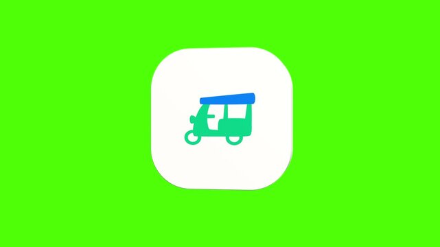 3D animated traditional Asian auto rickshaw tuk-tuk icon on a white rounded card with a green screen background. Smooth loop motion, perfect for mobile app UI, city taxi travel, tourist ride, and vide
