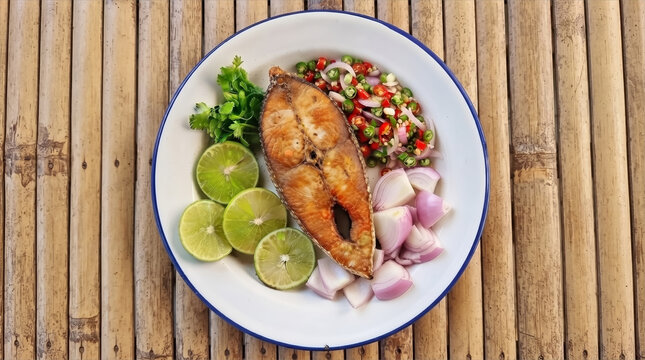 Fried salted king mackerel with lime wedges and chili relish