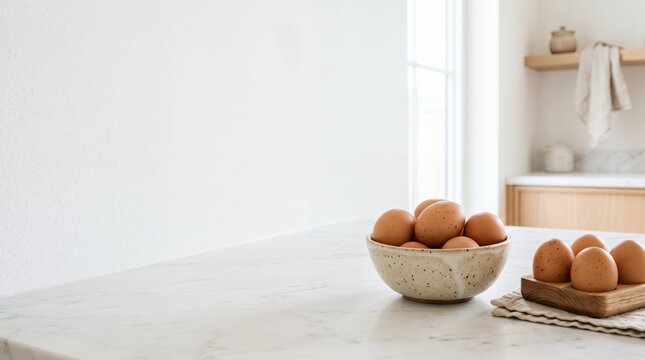 Fresh eggs arranged on the right side of a bright minimalist kitchen composition, large clean negative space on the left for advertising copy