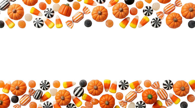 Halloween pumpkin and candy border frame isolated on transparent background
