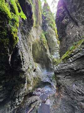 Narrow rocky gorge with hiking metal platforms in Sucha Bela, Slovakia