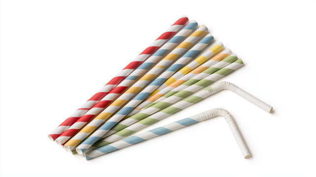 Colorful Disposable Paper Straws Isolated on White Background