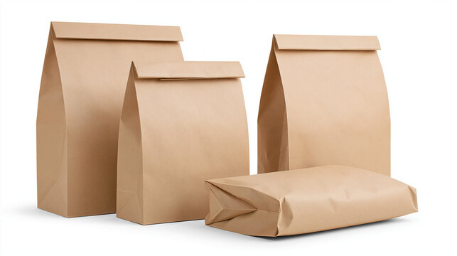 Disposable Kraft Paper Bags Isolated on White Background