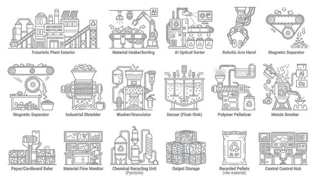 Recycling Plant Process Icons Set
