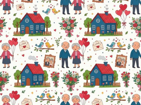 Seamless pattern with cute elderly couple, houses and flowers, romantic background isolated on white background