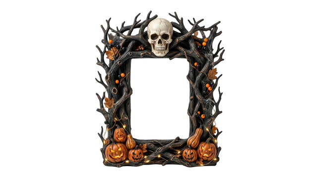 Halloween skull and pumpkin branch picture frame border isolated on transparent background