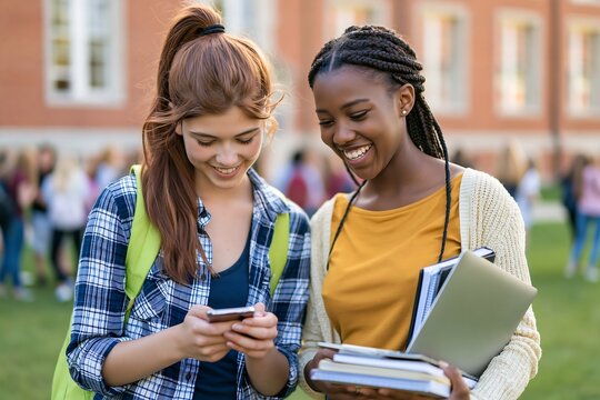 Diverse female students using smartphone and holding books on university campus grounds.