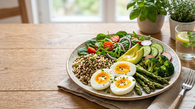 Healthy nutrition concept featuring eggs as a high protein food, boiled eggs surrounded by fresh vegetables and whole grains