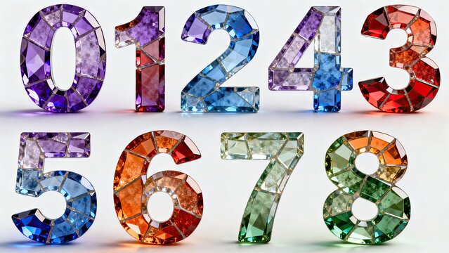 3D complete numbers set 0‑9 of colorful gemstones, brilliant crystal diamond numerals, luxury jewelry font for celebration countdown poster design