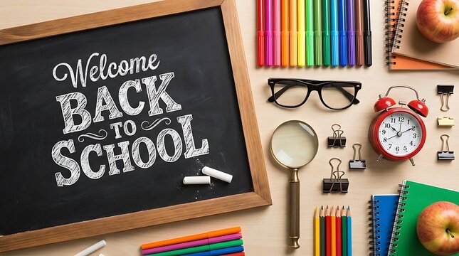 Top view of chalkboard with back to school message and colorful education school supplies stationery banner