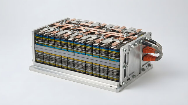High performance lithium ion battery pack with stacked cells, copper busbars and metal frame for modern electric vehicle energy storage technology