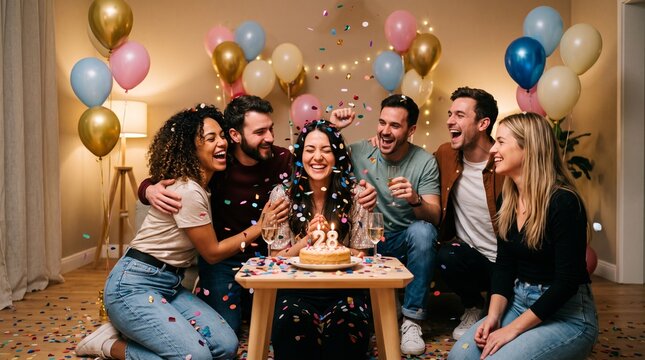 Happy friends celebrating a 28th birthday with cake and confetti