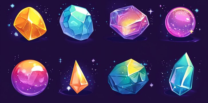 Colorful Fantasy Gemstones Collection with Neon Glow on Dark Background