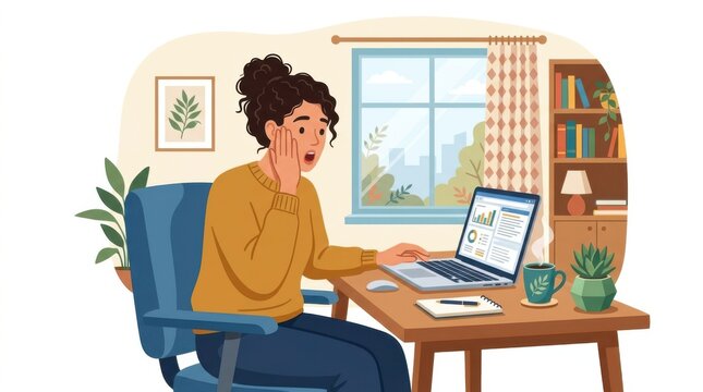 Surprised woman sitting at desk using a laptop in a home office