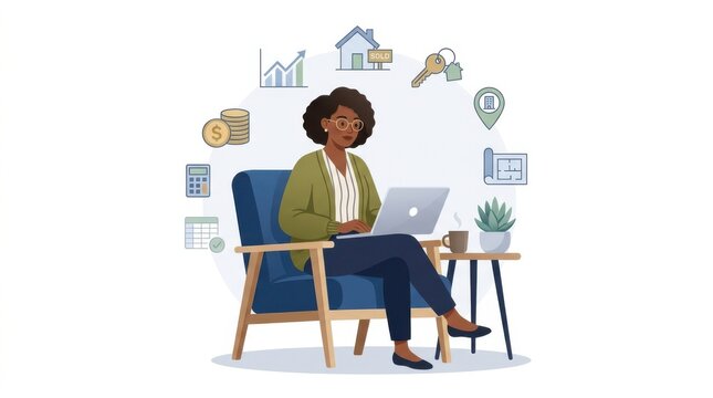 Black woman sitting in a chair using a laptop with business icons isolated on white background