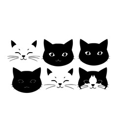 Cat faces set with a row of six stylized minimalist vector illustrations featuring black and white, expressions, details with humor and cuteness
