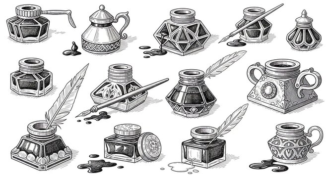 Vintage inkwell and quill pen collection illustration