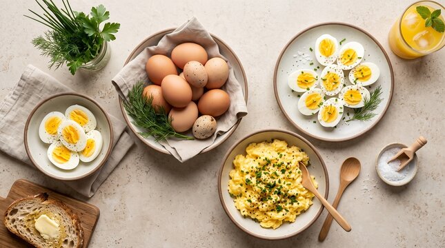 Top-down flat lay of fresh eggs, boiled eggs, scrambled eggs and sliced eggs arranged beautifully on a neutral kitchen surface