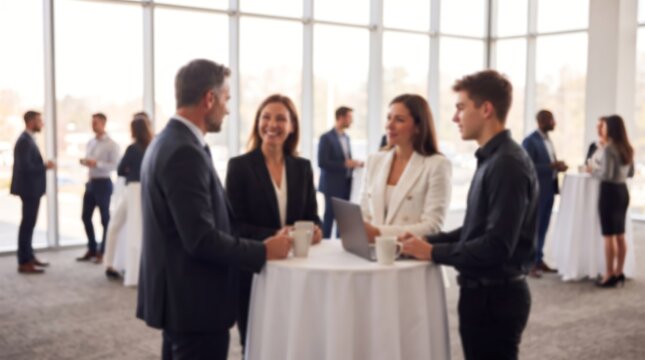 Professional business team standing around a cocktail table with a laptop computer during a corporate networking event in a spacious modern office building with large glass windows