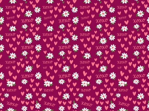 Seamless pattern with white daisy flowers, pink hearts and xoxo text on dark pink background