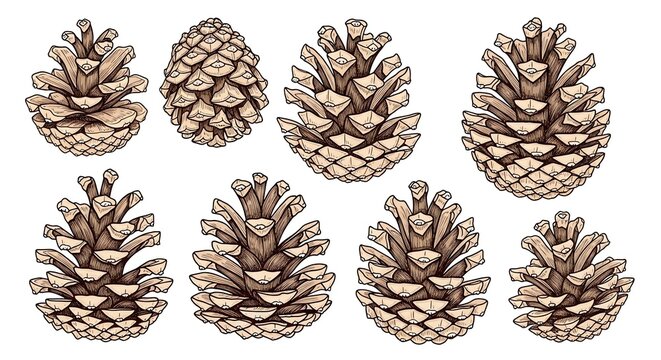 Set of hand drawn pine cone illustrations