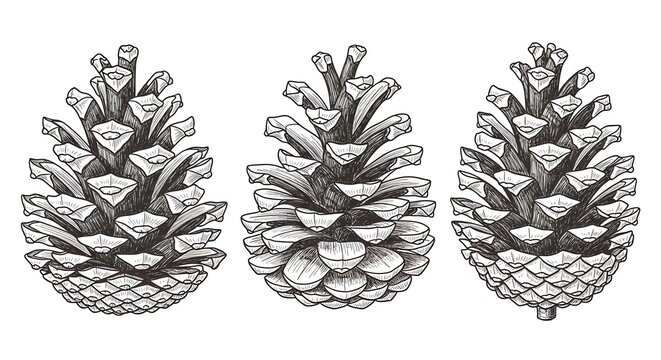 Three detailed pine cones sketch illustration