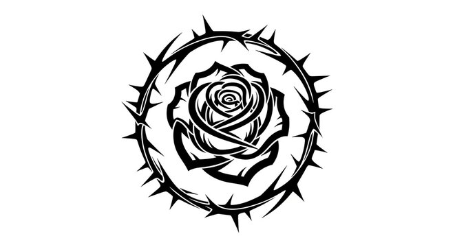 Black rose flower inside a circular crown of sharp thorns