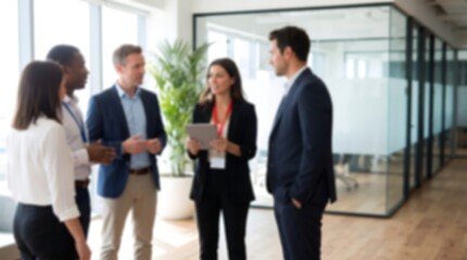 Obraz premium Business professionals gathered in modern office space for project discussion with digital tablet and professional attire in soft focus corporate environment setting