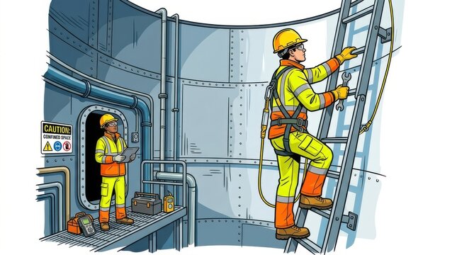 Industrial workers wearing safety gear and helmets working on a ladder at a plant site