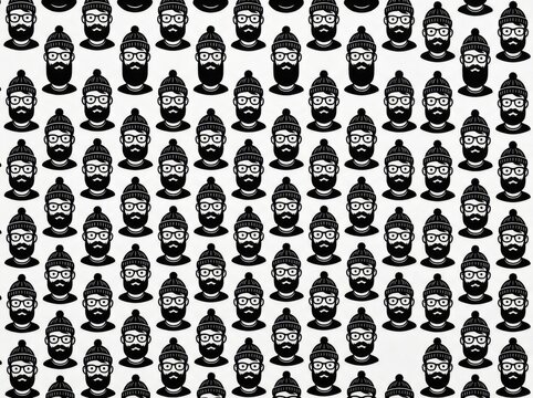 Seamless pattern with bearded men in beanies isolated on white background