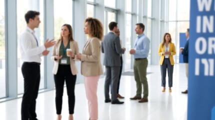 Obraz premium Business professionals networking and talking in bright modern office hall with blue information banner in the background for a professional corporate event concept