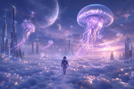 A lone astronaut walking across an endless ocean of clouds above a futuristic city, enormous translucent jellyfish floating in the sky, planets visible through a violet atmosphere