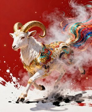 Simple line art on red background, handwritten 2027 forming golden galloping goat, 3D metallic embossed artistic line poster