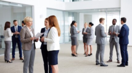 Fototapeta premium Diverse team of business professionals networking and socializing in modern office lobby during corporate event with soft focus blur effect on background people and office interior space