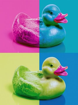 Rubber duck toy in four vibrant color quadrants, a playful pop art aesthetic