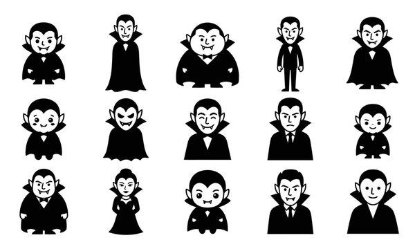 Vampire character icon set, 15 black and white Dracula vector illustrations, spooky Halloween monster silhouettes for graphic design and web apps
